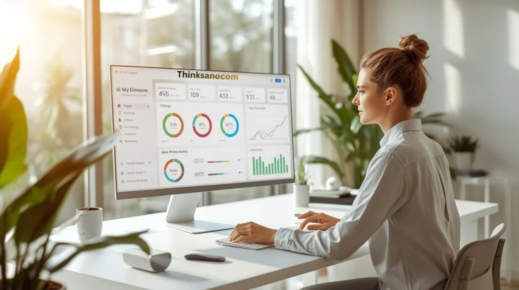 Female professional reviewing Thinksanocom digital wellness dashboard on desktop monitor showing fitness tracking, sleep quality, calorie metrics and health goal charts in a bright modern home office