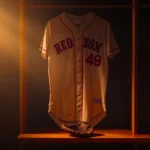 Tim Wakefield Red Sox number 49 jersey hanging in locker room with baseball glove