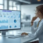 HR professional reviewing HRMS Globex cloud-based HR management dashboard with payroll and analytics data