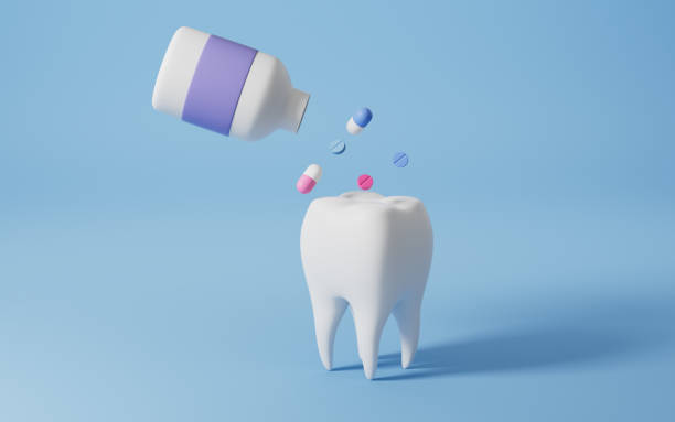 3D illustration of a white tooth receiving colorful pills from a supplement bottle, representing supplemental dental benefits for improved oral health coverage