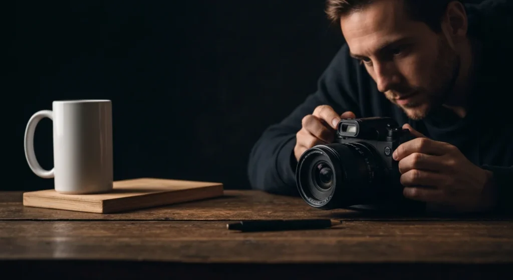 A photographer holding a camera steady, capturing a dimly lit cityscape at night, demonstrating handheld low light photography tips.