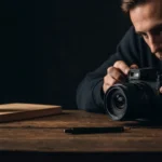 A photographer holding a camera steady, capturing a dimly lit cityscape at night, demonstrating handheld low light photography tips.