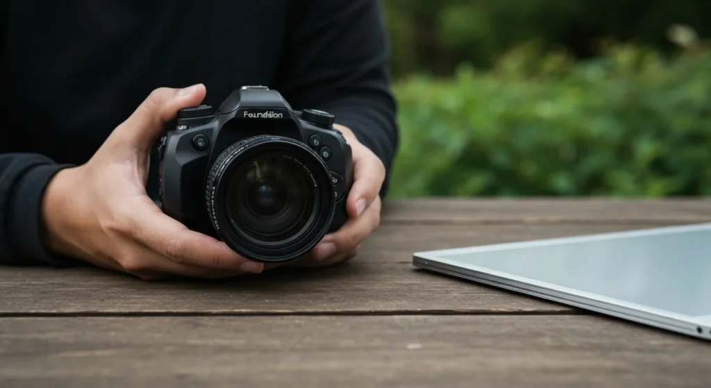 A beginner holding a camera steady with both hands, focusing on a subject, illustrating handheld photography tips.