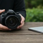 A beginner holding a camera steady with both hands, focusing on a subject, illustrating handheld photography tips.