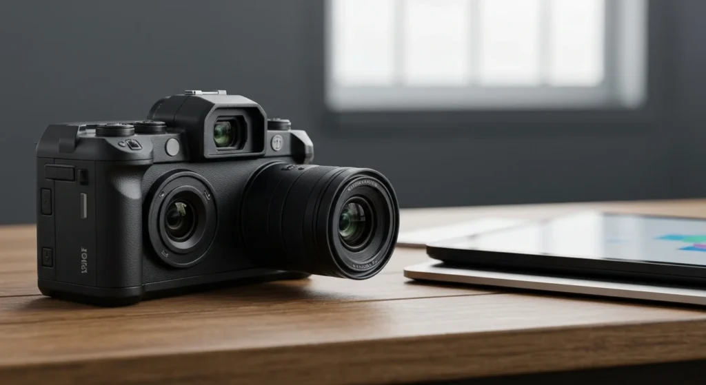 Illustrative image showcasing a camera with a visible stabilization system, emphasizing clarity and sharpness in photography